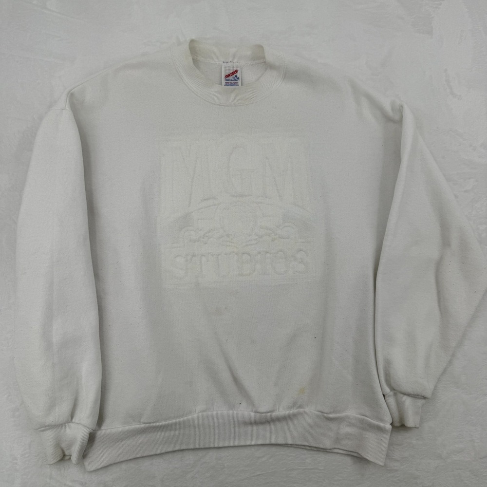 VTG 90s MGM STUDIOS Crewneck Sweatshirt Embossed Design STORAGE STAINS Sz XL USA